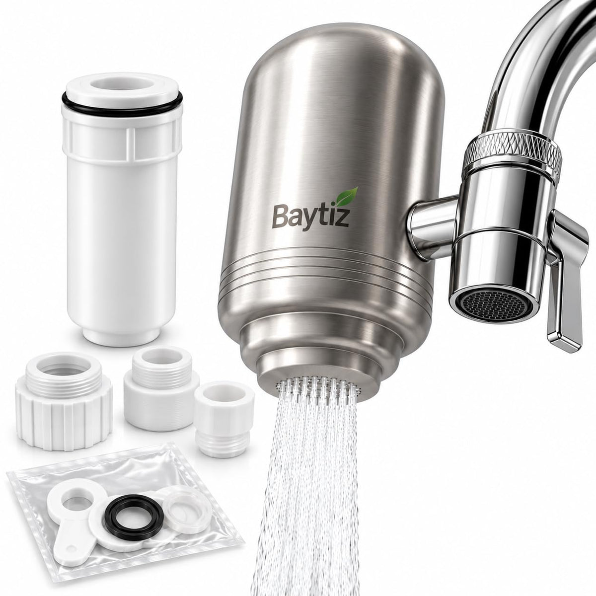 Filtre à eau pour robinet Baytiz et son contenu
