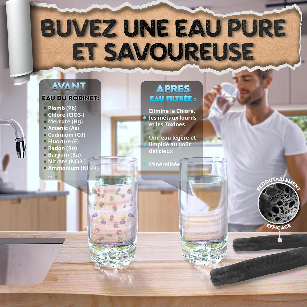 Binchotan x3 Baytiz, charbon actif pour filtrer l'eau