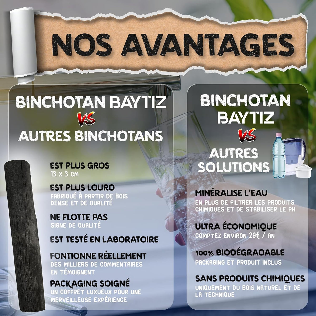 Binchotan x3 Baytiz, charbon actif pour filtrer l'eau