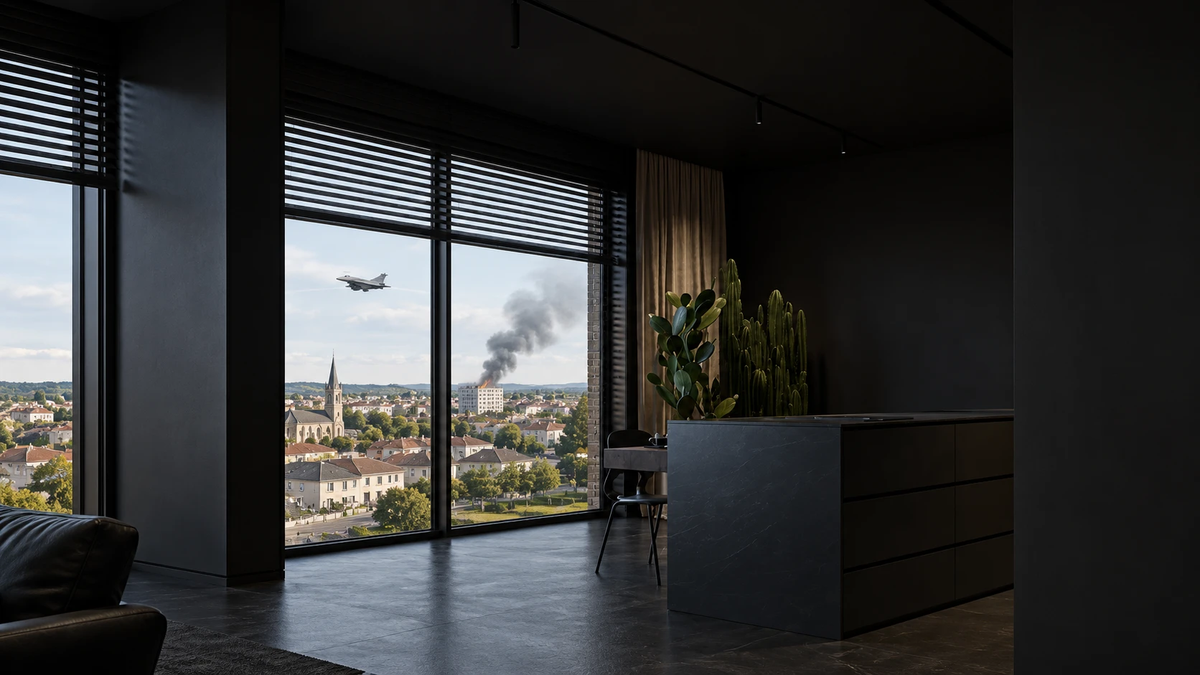 Appartement sombre, vue sur une ville avec un avion de chasse et de la fumée