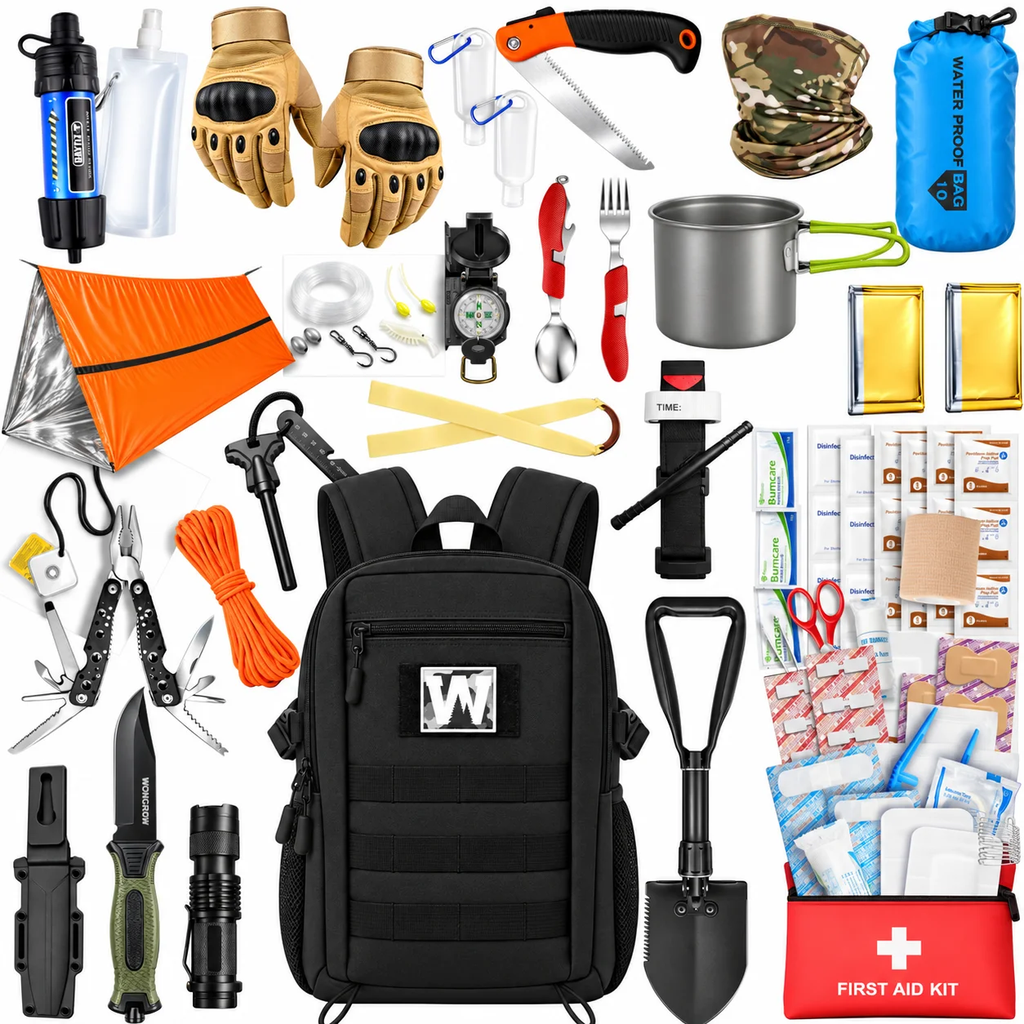 Sac de survie complet noir et son contenu